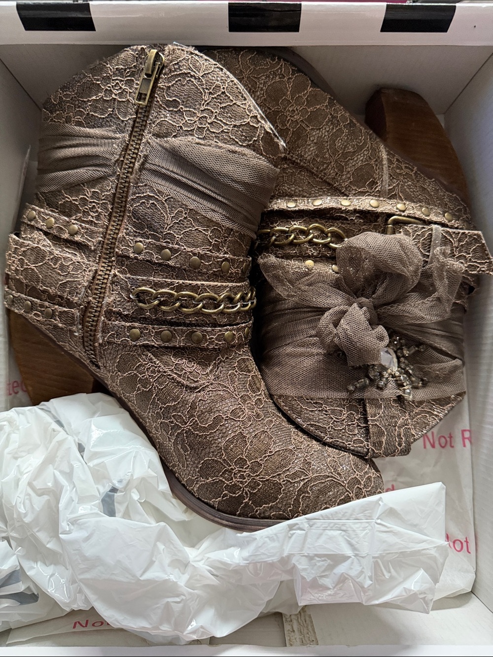 Buckle Brown Lace Ankle Booties with Chain & Bow Detail